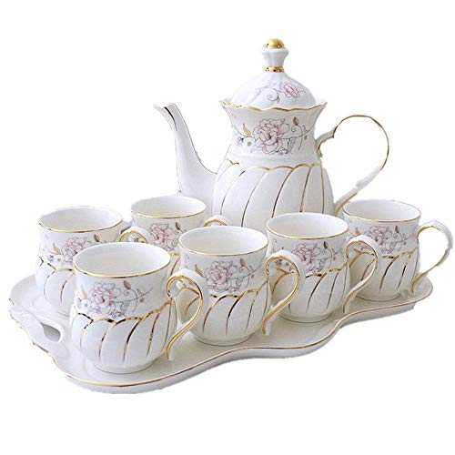 Tea Sets For Adults Gold Trim Glazed Porcelain Coffee And Tea Service With 6 Piece Cups And Tray 8 Pieces Afternoon Tea Drinkware Coffee Set For Party And Dinner For Household