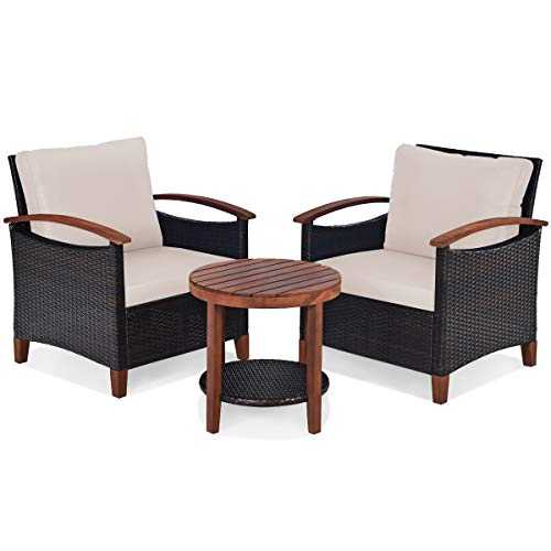 COSTWAY 3 PCS Rattan Furniture Set, Sectional Patio Bistro Set with 2 Chairs and Coffee Table, Outdoor Wicker Conversational Table Sofa Chairs Set for Garden Balcony Poolside