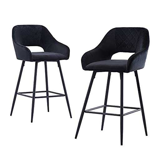 JaHECOME Bar Stools Set of 2 Black Velvet Padded Bar Chairs with Footrest Armrest Kitchen High Stools Supported Black Metal Legs for Breakfast Bar, Counter, Kitchen and Home