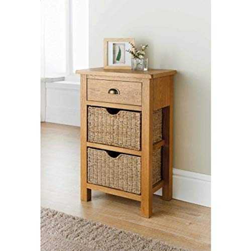 HDmirrorR Florsol wiltshire Oak Small Console Table with two seagrass storage baskets.