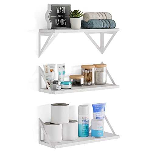 Wallniture Minori Washed White Floating Shelves for Wall Storage, Bathroom Shelves Over The Toilet Storage, Wood Wall Shelves Set of 3 with White Brackets