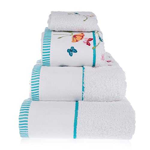 HOMESCAPES 100% Turkish Cotton 'Floral Butterfly' White Bath Towels Set Colourful Butterfly and Flowers