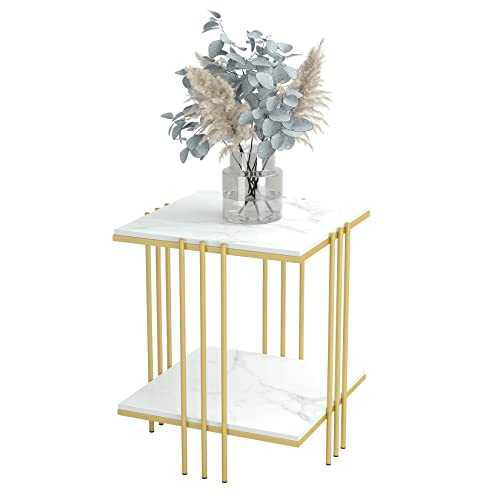 Square End Table 2-Tier 44.5x44.5x55.5cm Elegant White Marble Table Texture with Gold Metal Frame Sintered Stone Table Luxury Modern Bedside Table Side Table for Living Room