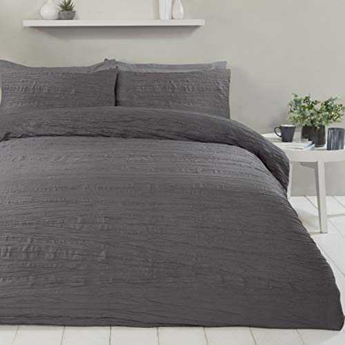 Sleepdown Super Soft Textured Crinkle Charcoal Grey Luxury Duvet Cover Quilt Bedding Set with Pillowcases - King (220cm x 230cm)