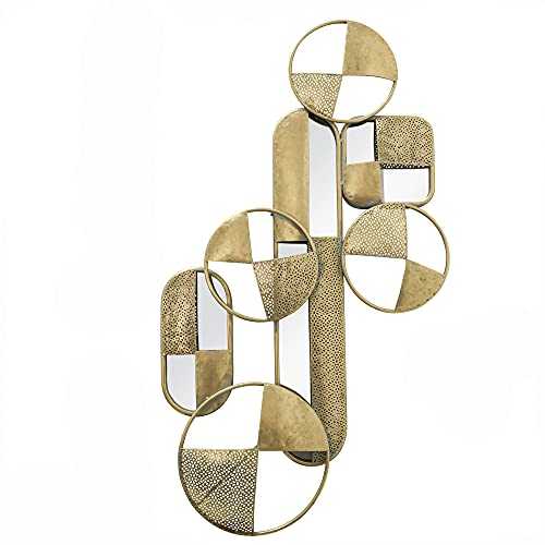 Modernist Floating Abstract Wall Sculpture, Antique Gold Painted Iron, Brilliant Glass Mirror Insets, Circles, Square and Oblongs, Cut-Out and Lattice Details, 35.75 L x 19.75 W Inches