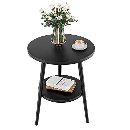 KZOBYD Round Side Table 2 Tier End Table With Black Table Top Round Coffee Table with Metal Frame Modern Style Bedside Table Sofa Tea Table for Living Room/Bedroom, 38 x 55cm (Black)