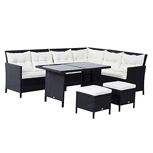 Outsunny 6 PC Garden Rattan Corner Dining Sofa Set Outdoor Wicker Conservatory Furniture Lawn Patio Coffee Table Foot Stool w/Cushion - Black