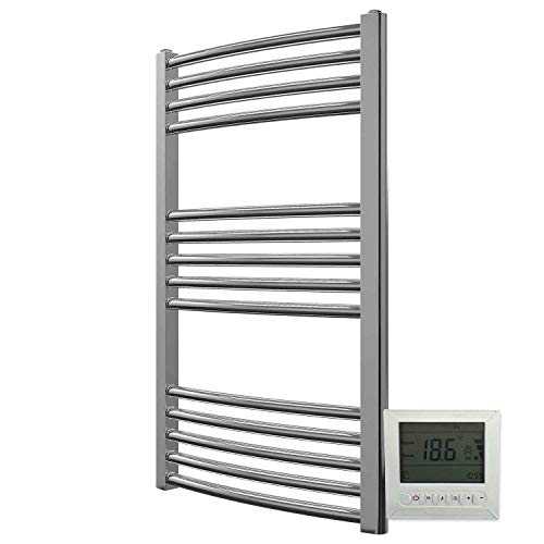 Electric Chrome 500W x 800H Curved Towel Rail + Timer and Room Thermostat New Designer Bathroom Towel Rails