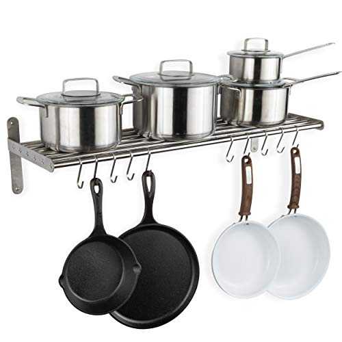 Wallniture Lyon Kitchen Organization and Storage Rack, Metal Wall Shelf with 10 S Hooks for Hanging Pots and Pans, Chrome