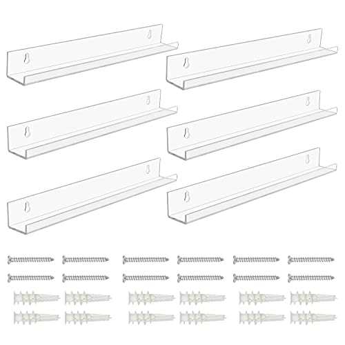 BELLE VOUS Clear Floating Shelves (6 Pack) - Acrylic Wall Mounted Shelves - Decorative Picture Ledge Shelf for Living Room, Bedroom, Kitchen, Bathroom & Office - Ideal for Storage & Display