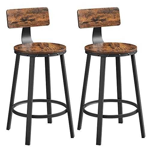 VASAGLE Bar Stools Kitchen Stools Set of 2 High Back Bar Stools Steel Frame 62.5cm High Seat Easy Assembly Industrial Rustic Brown and Black LBC076B01