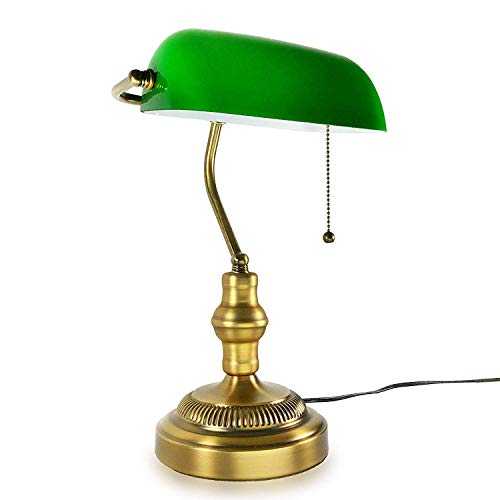 WREEE Traditional Bankers Lamp, Brass Base, Handmade Emerald Green Glass Shade,Vintage Office Table Light, Antique Style Desk Lamps for Office, Library, Study Room (Brass)(No Bulbs Included)
