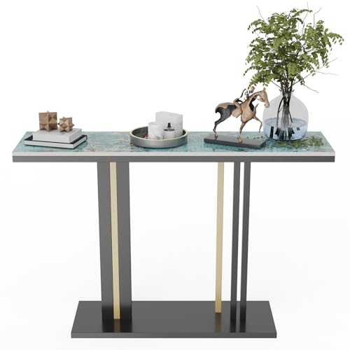FATIVO Marble Console Table Sintered Stone:Luxury Modern Hallway Tables 118x30x78cm Abstract Jade Blue Textured Clear Marble Tabletop with Black and Gold Geometric Line Pedestal for Entry Sofa Decor