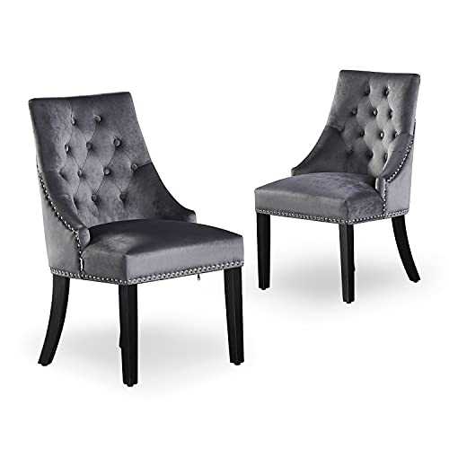P&N Homewares - Windsor Chair - Grey (2 SET) | Tufted Velvet Fabric | Door Knocker | Studded | Dining Chair | Upholstered Accent Side Chair | FREE NEXT DAY DELIVERY |