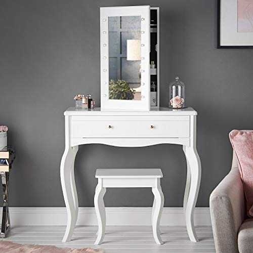 CARME Sorrento Dressing Table With Drawer and Wall/Tabletop Jewellery Mirror Cabinet with LED Lights Set Makeup Bedroom Furniture (White)