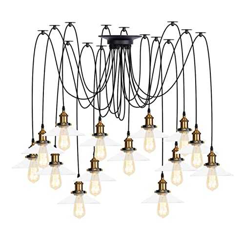 DMNSDD Pendant Lights, Antique Adjustable DIY Ceiling Spider Lamp, Brass Industrial Clear Glass Shade Chandelier Hanging Lighting for Dining Room,14 Lights