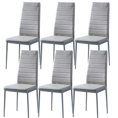 BonChoice Grey Dining Chairs PU Leather Set of 6 High Back with Metal Legs for Dining Room Kitchen, Side Chairs for Restaurant Office Meeting Home/Commercial