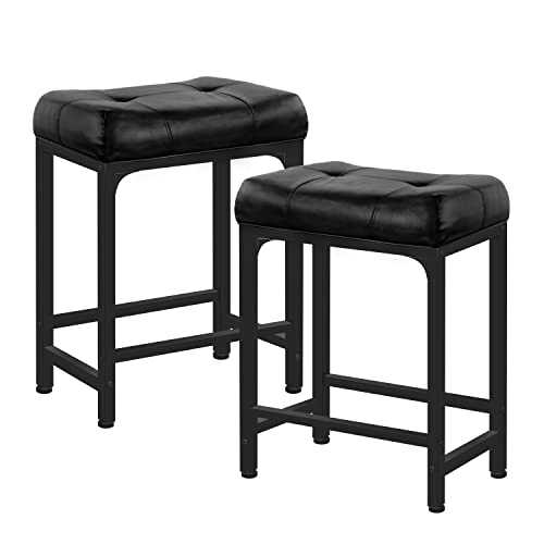 Aheaplus Bar Stools Set of 2, 24 Inch Counter-Height Stools Saddle Stool, PU Leather Barstools with Metal Base, Footrest, Industrial Stools for Dining Room Kitchen Island, Counter, Pub, Bar, Black