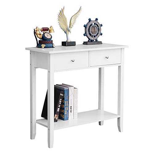 Ansley&HosHo White 2 Drawers Hallway Console Table Wooden Entryway Living Room Side Table with Storage Shelf 80CM Utility Vanity Dressing Desk Table Bedroom Corner