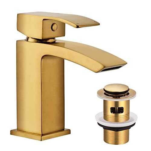 Mighbow Basin Taps Mixers Waterfall with Pop-up Waste Slotted Bathroom Sink Mixer Tap Brushed Gold Brass Square Mono Single Lever with Hoses G1/2'' Monobloc Cloakroom