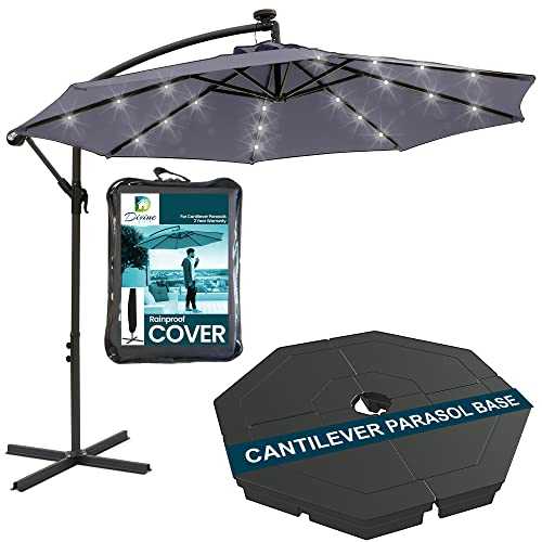 Divine Style Cantilever Parasol Premium Garden Parasol Umbrella with 24 Integrated Solar Powered LED Lights for Outdoor Patio with FREE Waterproof Cover (Urban Grey)