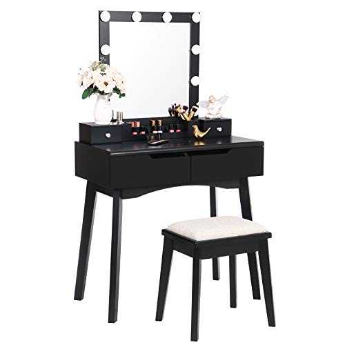 ANWBROAD Dressing Table Vanity Table Set Vanity Desk Makeup Table 10 LED Bulbs Dimmable Mirror with 4 Drawers 2 DIY Dividers Cushioned Stool Movable Organiser Black BDT06B
