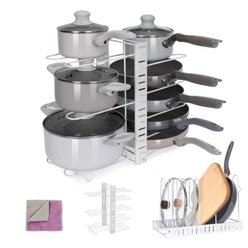 Masthome Pan Organiser for Cupboard, Pots and Pans Organiser, Pan Storage for Kitchen Cupboards with 8 Adjustable Non-Slip Dividers, Metal Pan Holder with 3 DIY Methods for Pots and Pans