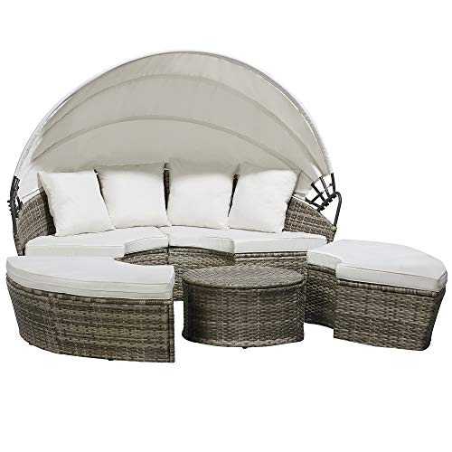 Garden Gear 180cm 4 Piece Grey Rattan Daybed Outdoor Furniture Set with Extendable Canopy & Cushions Included (Tonal Grey)