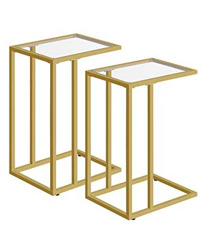 HOOBRO Side Table C Shaped, Set of 2, Gold Side Table, Tempered Glass Sofa Side Table, Under Sofa Table, Small Coffee Table with Metal Frame, Small Bedside Table for Living Room, Gold EGD03SFP201