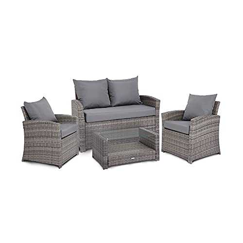 Gatarn Rattan Garden Furniture Sofa Set, 4 Seater Wicker Weave Outdoor Sofa Set With Chairs, Table and Cushions for Conservatory, Patio, Balcony - Grey