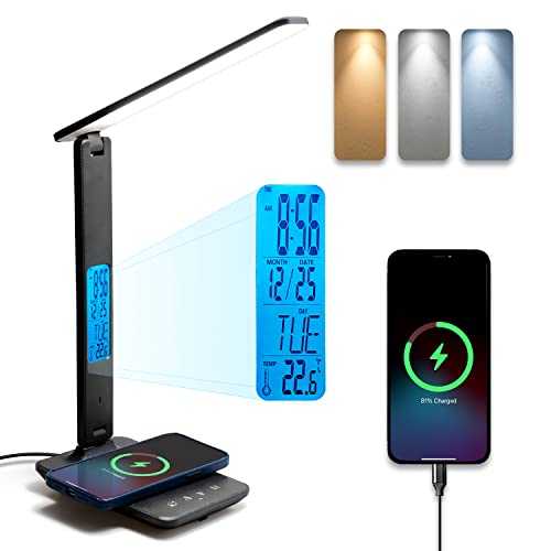 LED Desk Lamp with USB Charging Port,Ampulla Desk Lamp with Wireless Charger, USB Charging Port, Table Lamp with Built-in Clock, Alarm, Date, Temperature, Touch Control for Home Office Lamp