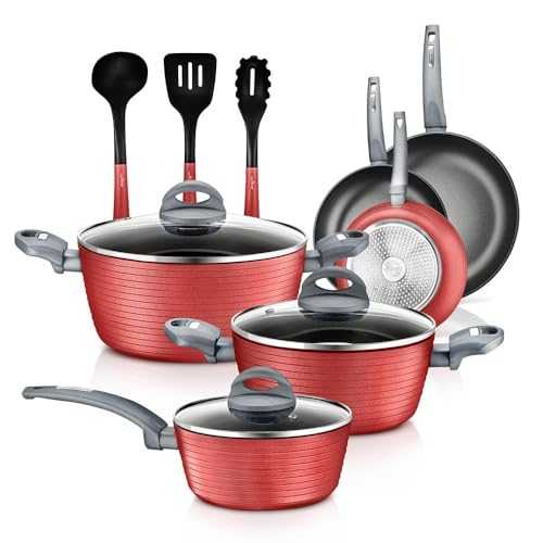 NutriChef Nonstick Kitchen Cookware Set - Professional Hard Anodized Home Kitchen Ware Pots and Pan Set, Red, One Size
