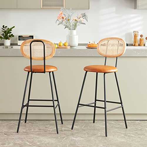Farini Bar Stools High Chair Bar Stools Set of 2, Modern Industrial Faux Leather Dining Chairs - Tall Mid Century Bar Stools with Back Rattan Counter Stool Chairs, Whiskey Brown