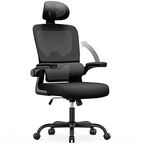naspaluro Office Desk Chair, Ergonomic Office Chair Computer Chair with Back Support and Headrest, High Back Flip-up Armrests Mesh Chair, Gift for Christmas, PC Chair-Black