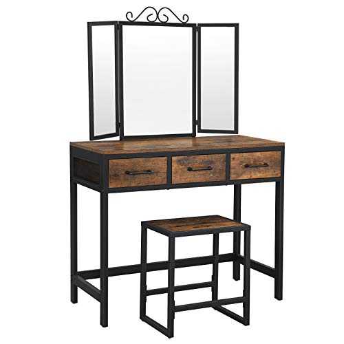 VASAGLE Vanity Table and Stool Set, Dressing Table with Tri-Fold Mirror, 3 Drawers, Makeup Table with Steel Frame, Industrial Style, Rustic Brown and Black RVT02BX