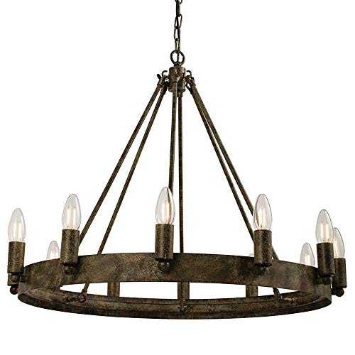 12 Light Ceiling Pendant – Distressed/Aged Metal Candle Ring – 60W E14 Hanging Feature Lamp Holder – Height Adjustable Vintage/Antique Medieval Lighting Kit with Rose & Chain – LED Compatible