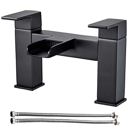 Black Waterfall Bath taps,Luckyhome Bathroom Filler Mixer Tap Chrome Double Lever Tub Tap