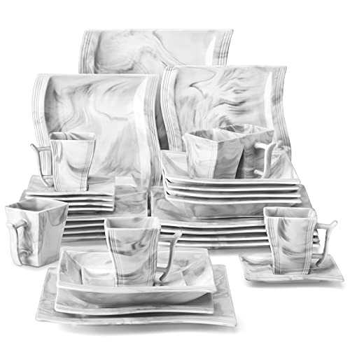 HAMIIS Square Dinnerware Sets, 30 Pieces Porcelain Marble Grey Dishes Dinner Sets,Dinner Plates and Bowls, Salad Pasta Bowls, Cups and Saucers Set