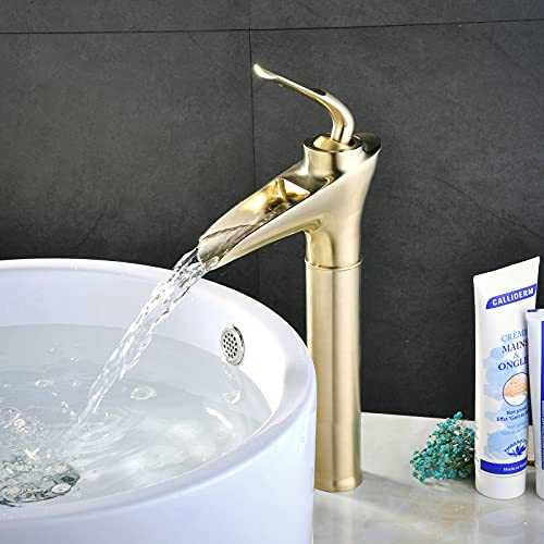 Brushed Gold Waterfall Bathroom Tap, Vessel Tall Bathroom Mixer Tap, Classic Antique Lavatory Vanity Taps Sink Faucet, Brass, SHUNLI
