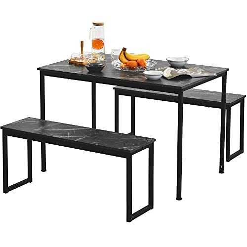 Merax Set, 2 Dining Kitchen Furniture, Steel Frame Imitation Marble Veneer, Black, 1 Table & 2 Benches