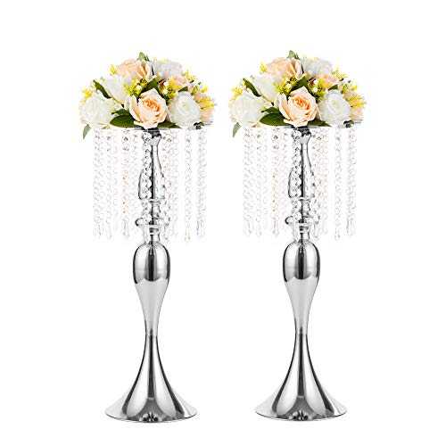 NUPTIO 2 Pcs Silver Wedding Centerpieces for Tables, 54cm Tall Crystal Vase for Flowers, Versatile Metal Flower Arrangement Stand, Flower Vases for Party Event Dining Room Living Room Decor