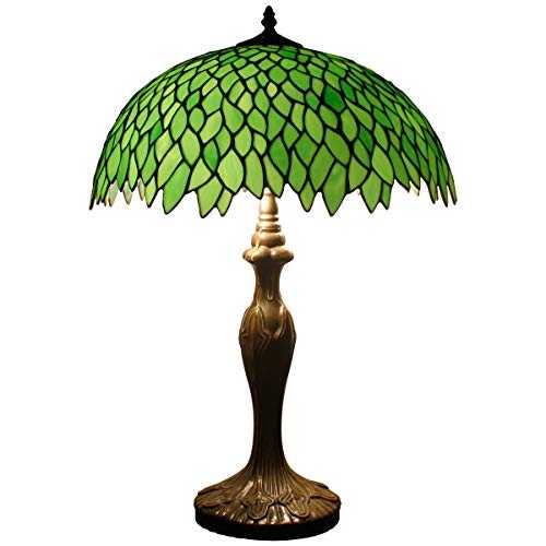 Tiffany Style Table Lamp Stained Glass Beside Desk Lamps 24 Inch Tall Need 2PCS E27 Bulb Green Wisteria Lampshade Antique Base for Living Room Coffee Table Bedroom S523 WERFACTORY