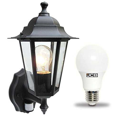 Traditional 6 Sided Garden/Porch Outdoor Coach Wall Lantern IP44 (Black 6 Sided + Motion Sensor + LED)