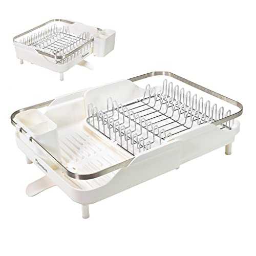 Erreke – Dish Drainer Rack, Extendable Dish Rack, Spout Drains into Sink, Stainless Steel Rack, Protective Tips, White Color.