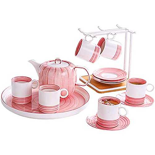 XIAN Tea Cup and Saucer Sets of 6 British Royal Afternoon Tea Set Pink Teapot Ceramic Coffee Cups and Saucers with Cup Holder and Tea Tray Gift for Mother's Day Tea Set