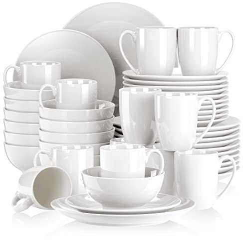 LOVECASA, Series Sweet, Porcelain Round Dinner Set White 48 Pieces Kitchen Dinnerware Service Plate Ceramic Crockery Set with 12-Piece Dinner Plates, Dessert Plate, Bowls and Mugs, Service for 12