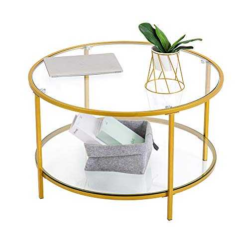 Bonnlo Round Coffee Table, 31.5" Gold Coffee Table Tempered Glass Coffee Table with Storage, 2-Tier Coffee Table for Living Room, Reception Room, Cocktail Table, Elegant and Sturdy, Metal Frame, Gold