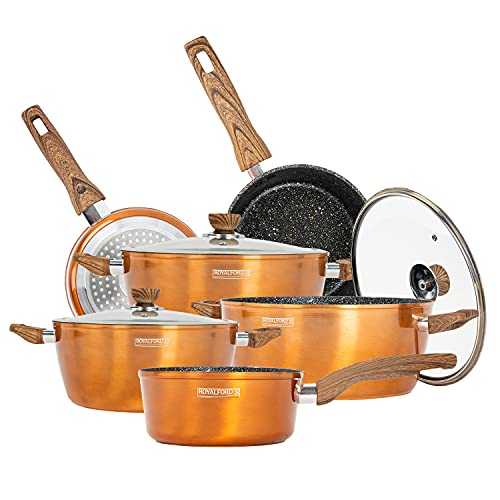 Royalford 6Pc Forged Aluminium Casserole Cookware Set – Induction Safe Pots & Pans with Non-Stick Granite Coating – Stock Pots with Glass Lids & Strong Wooden Handles – 2.5MM Thick