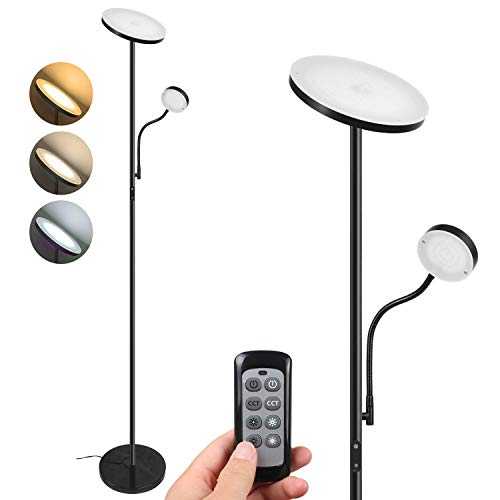 2 LEDs Floor Lamps,Dimmable & Color Temperature, Adjustable,Mother /Main uplighter 20W 1800 lumens,Child/Side Reading lamp 4W 280 lumens,Remote Control,Metal, Black, Tall Standing Modern Pole Light