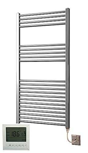 Greened House Electric Chrome 600W x 1200H Curved Towel Rail + Timer and Room Thermostat Bathroom Towel Rails